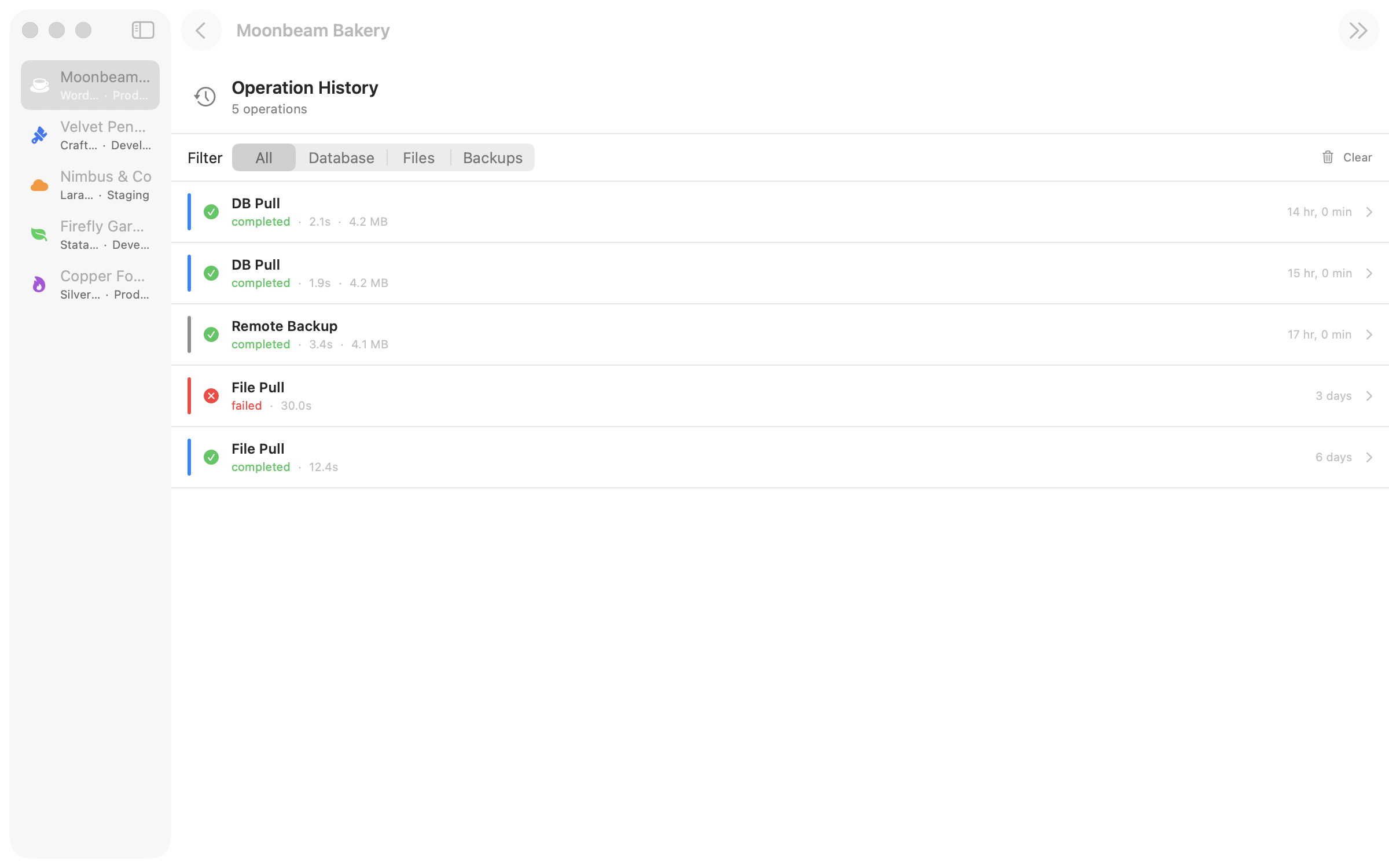 Operation history with filter tabs and status indicators