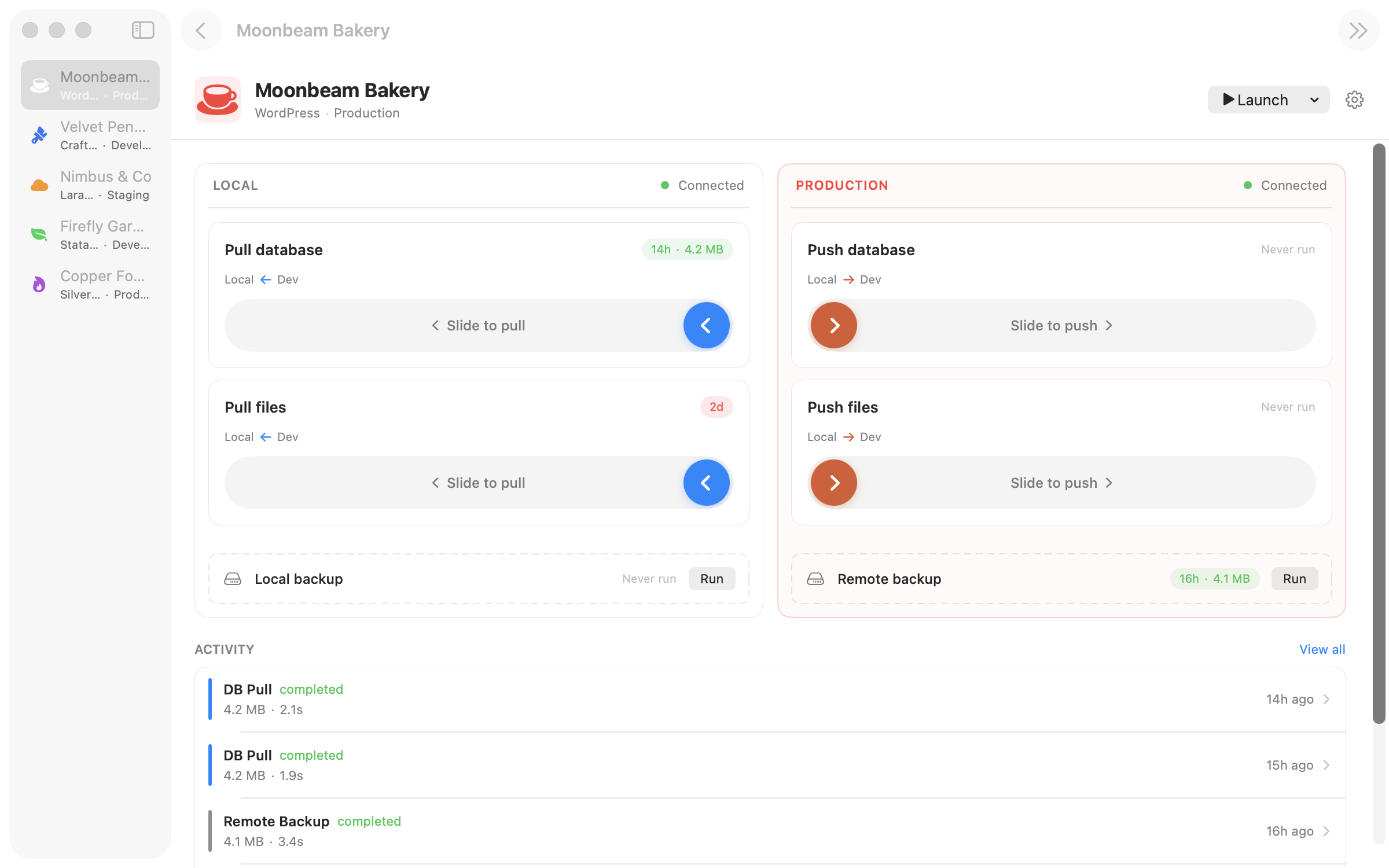 Ferry app main dashboard showing site list and operations