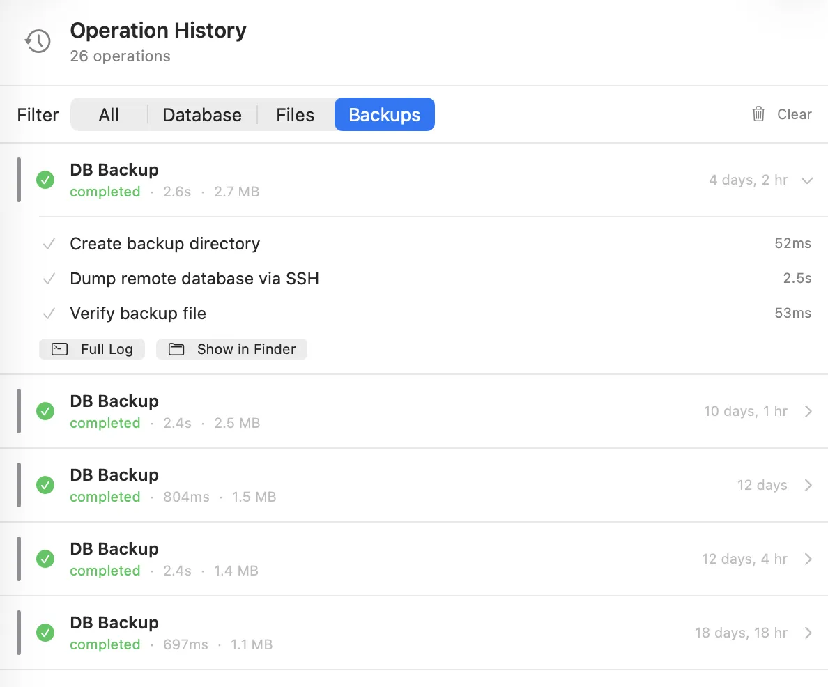 Backup operation history filtered to show completed backups