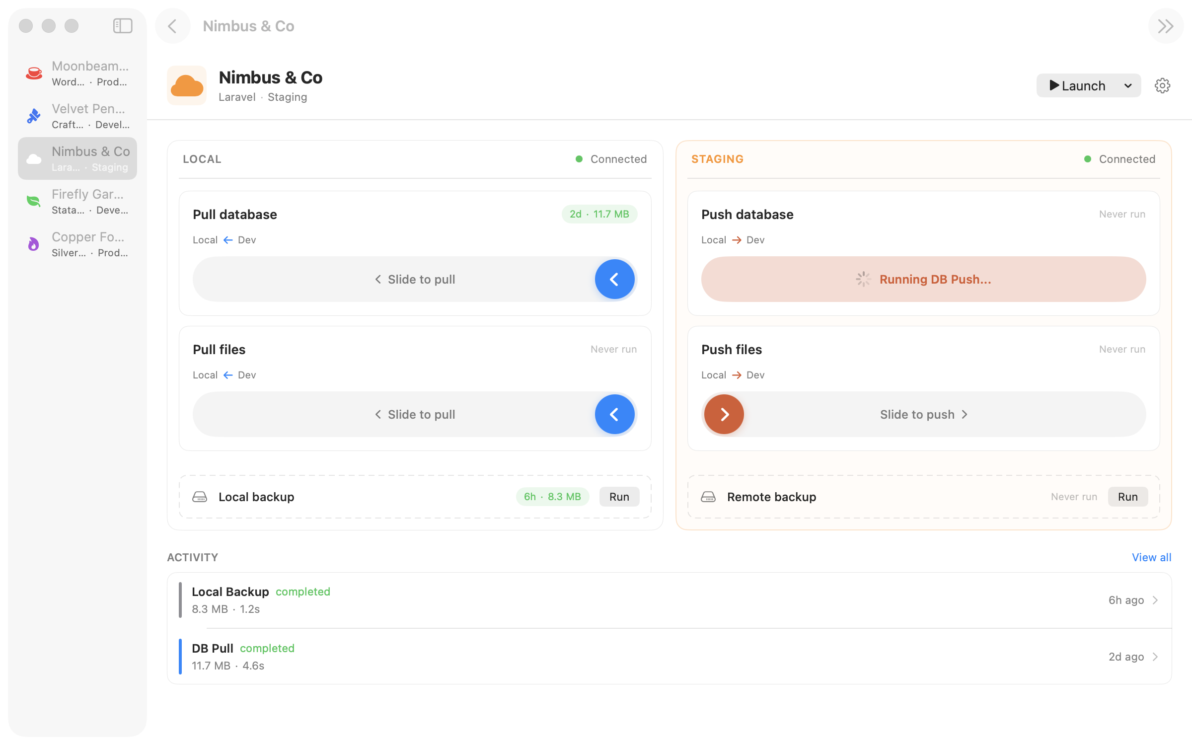 Database push running on a Laravel staging site